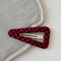 Close-up of red and black buffalo plaid fabric hair clip with silver metal grip detail - Plaid Triangle BB-Red Black