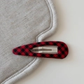 Detail of red and black buffalo plaid fabric BB hair clip with metal drop-shaped design - Plaid Waterdrop BB-Red Black