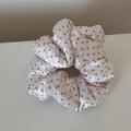 Close-up of white satin scrunchie with pink polka dots showing smooth texture and volume - Large Polka Dot Pink