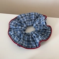 Detailed close-up of blue plaid scrunchie with red edges and high-quality pleated texture - Plain Ring