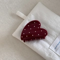 Macro shot of a dark burgundy heart-shaped hair claw clip with white polka dots pattern - Burgundy Polka Dot Heart Shape (7cm)