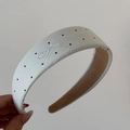 Detail of white satin headband with black polka dots and silver bow embroidery - Embroidered Bow Polka Dot Hairband - Green