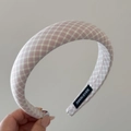 Close-up of pink and grey gingham padded headband with a handmade textile label - Padded Headband / Pink Plaid