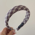 Detail view of the handmade plaid wide headband with high crown sponge padding - Padded Headband / Purple Plaid