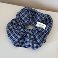 Detail showing blue plaid lace scrunchie with hand made woven label on cotton fabric - Scrunchie / Navy Plaid