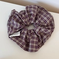 Detail of large brown and beige plaid oversized hair scrunchie with cotton linen texture - Scrunchie / Purple Plaid