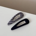 Detail view of navy blue plaid and solid blue fabric teardrop BB hair clips set - Checkered Navy Drop Clips