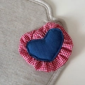 Detail of denim heart hair claw with red gingham ruffle edge on burlap background - Denim Gingham Heart Hair Clip