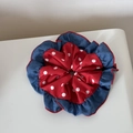 Detail of red polka dot fabric stitched with navy denim material on a scrunchie - Denim Red Polka Dot - Ruffle Scrunchie