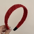Detailed close-up of dark red textured fabric scrunchie headband with pleated clouds style - Cloud Pleated Style / Solid Deep Red Headband