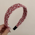 Close-up of red and blue checkered fabric headband with soft pleated cotton texture - Fluffy Wrapped Style / Red And White Plaid Headband