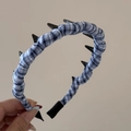 Detail of blue and white plaid headband showing non-slip inner teeth and fabric texture - Light Blue Plaid Long Tooth Hairband