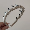 Detail of plaid fabric headband with black spikes and vintage preppy check pattern - Beige Apricot Large Plaid Long Tooth Hairband