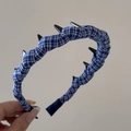 Detail of blue and white plaid fabric headband with black non-slip teeth design - Dark Blue Plaid Long Tooth Hairband
