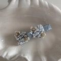 Detailed view of light blue bow hair clip with white pearls and sparkling rhinestones - Light Blue Pearl Floral Bow
