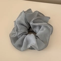 Close-up of grey gingham plaid oversized scrunchie with detailed pleated edges - Fine Grid Chiffon Waist Cinched Style / Blue