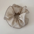Detail of checkered chiffon scrunchie with beige plaid pattern and grey stitched edges - Fine Grid Chiffon Waist Cinched Style / Beige Apricot