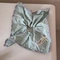 Detail of light green scrunchie with purple plaid lace trim and pearl bow charm - Green Purple Plaid Square Scrunchie