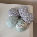 Close-up of lavender plaid fabric scrunchie with mint green patchwork and pearl bow detail - Green Purple Plaid Flower Scrunchie