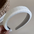 Detailed view of white padded headband with silver shimmering polka dots and silk texture - Fresh Wide Headband - White Print