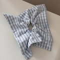 Detail of blue and white plaid fabric hair scrunchie with small embroidered butterfly bows - Dreamy Blue Square Style / White Checkered Pattern