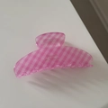 Detailed view of pink plaid acrylic hair claw clip with Barrette la France text - Hair Claw / Pink and White Checkered Hair Claw