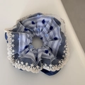 Blue and white striped scrunchie with navy pom-poms and white lace floral trim detailing - Blue Series - Dotted Blue