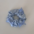 Detailed view of blue checkered scrunchie with soft light blue satin ribbon bows - Blue Series - Three Knots Small Scrunchie
