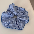 Detailed close-up of blue and white gingham fabric scrunchie with blue stitched edges - Blue Series - Small Plaid Large Scrunchie