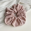 Pink fabric scrunchie with detailed bow embroidery in a sweet Korean fashion style - Embroidered Bow Scrunchie-Pink