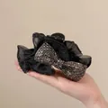 Elegant black sequin bow hair claw clip with sheer mesh and rhinestones for women - Black (13cm)