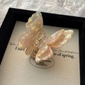 Macro detail of iridescent 3D butterfly hair claw clip with golden metal spring - Iridescent Champagne