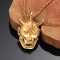 Japanischer Hannya Maske Anhänger aus vergoldetem Edelstahl mit quadratischer Gliederkette - Goldfarben Nur Anhänger (Ohne Kette)