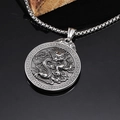 Vintage dragon relief round pendant necklace in stainless steel with a box chain - Pendant Only (Without Chain) / Steel