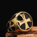 Punk style men's gold stainless steel ring with black enamel cross on wood base - Size 7 / Gold