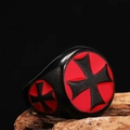 Punk black titanium steel ring with red enamel cross on natural wood stand - Size 7 / Black Red