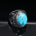 Detail view of oval blue turquoise stone and fire pattern relief on titanium steel ring - US 7 / Steel Blue Turquoise