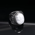 Macro detail of vintage punk titanium steel ring with white marble stone and leaf texture - US 7 / Steel White Turquoise
