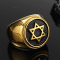 Bague chevalière punk pour homme en acier inoxydable avec hexagramme doré et insert noir - Taille 7 / Or