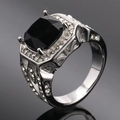 Vintage stainless steel ring with square black stone and pavé crystal accents - Size 7 / Steel Color Black Gemstone