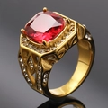 Macro detail of a square red gemstone ring with gold plating and hollow geometric patterns - Size 7 / Gold Base Rose Red Gemstone