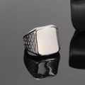 Polished silver titanium steel signet ring for men with honeycomb textured side details - US 7 / Steel