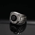 Detailed view of men's vintage steel ring with large black gemstone and side textures - US 7 / Steel Color Black Gemstone