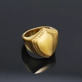 Close-up of gold shield signet ring showing brushed metal texture and rope edge detail - US 7 / Gold
