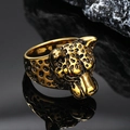 Vintage gold leopard head titanium steel ring with red stone eyes and black spots - US 7 / Gold