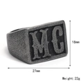 Macro view of vintage stainless steel hip-hop signet ring with MC lettering and aged texture - Size 7 / MC Letter Signet Style (Style 3)
