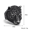 Detailansicht eines Vintage Tigerkopf-Rings aus Edelstahl mit Größenangaben und 16g Gewicht - Größe 7 / Majestätischer Tigerkopf Stil (Stil 5)
