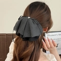 Elegante fermaglio per capelli grande in rete nera a pois con perle per capelli lunghi - Clip per Coda di Cavallo a Piccoli Pois Neri