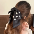 Molla per capelli con fiocco a pois in stile francese in raso di seta per donna - Nero Pois Grandi Fermaglio Coda di Cavallo