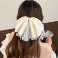 Elegante fermaglio per capelli con fiocco in rete color crema e perle finte - Bianco Sporco